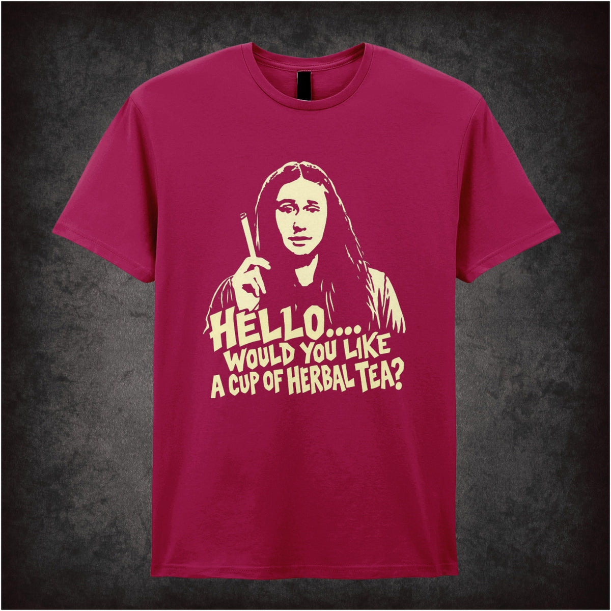 Neil “Hello… Would You Like a Cup of Herbal Tea?” T-shirt in cardinal red from The Young Ones