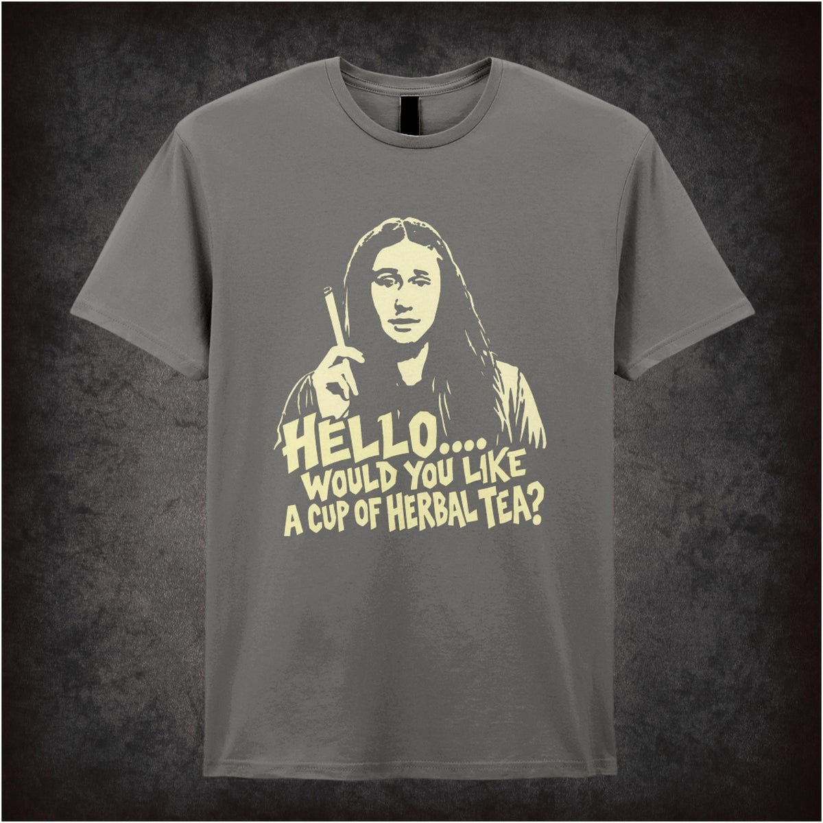 Neil “Hello… Would You Like a Cup of Herbal Tea?” T-shirt in charcoal from The Young Ones
