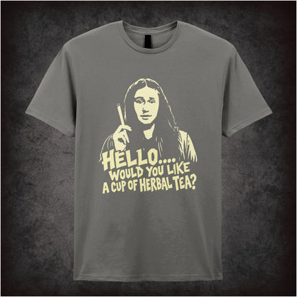Neil “Hello… Would You Like a Cup of Herbal Tea?” T-shirt in charcoal from The Young Ones