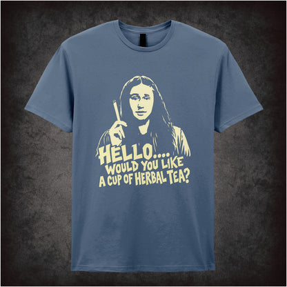 Neil “Hello… Would You Like a Cup of Herbal Tea?” T-shirt in indigo from The Young Ones