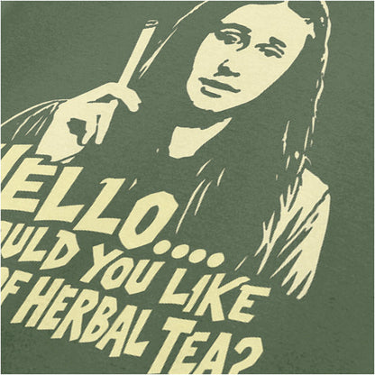 Neil “Hello… Would You Like a Cup of Herbal Tea?” close up T-shirt in military green from The Young Ones