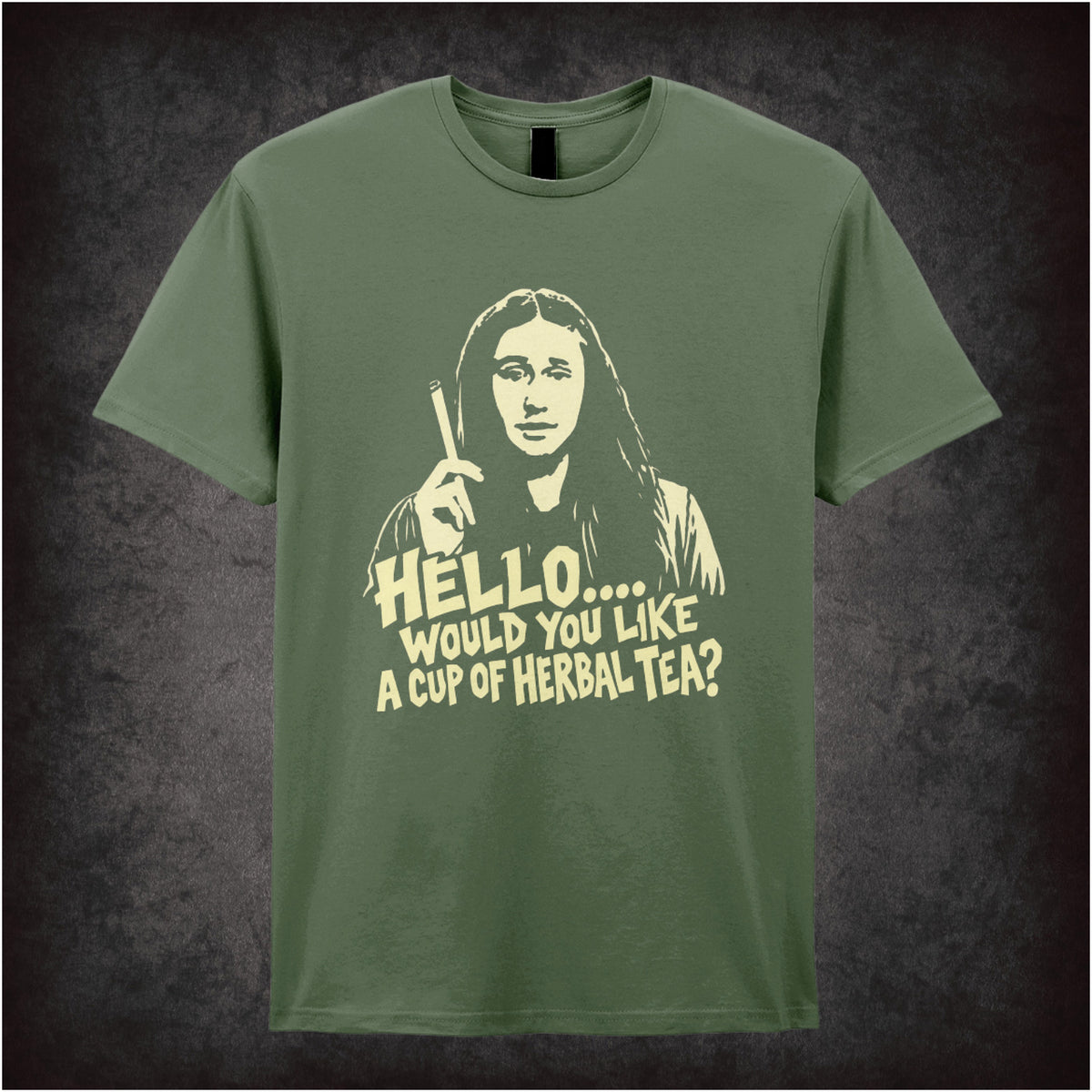 Neil “Hello… Would You Like a Cup of Herbal Tea?” T-shirt in military green from The Young Ones