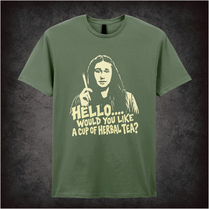 Neil “Hello… Would You Like a Cup of Herbal Tea?” T-shirt in military green from The Young Ones