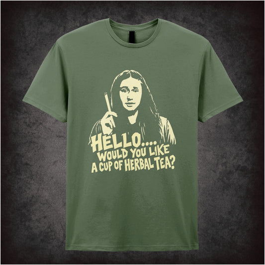 Neil “Hello… Would You Like a Cup of Herbal Tea?” T-shirt in military green from The Young Ones
