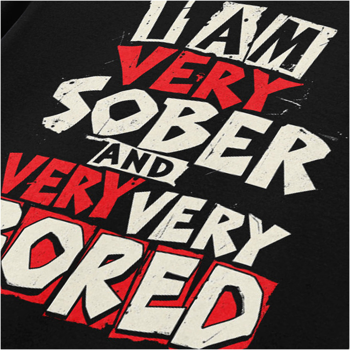 Vyvyan “I Am Very Sober and Very Very Bored” close up T-shirt in black from The Young Ones