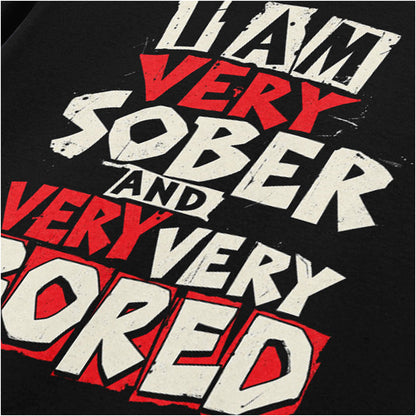 Vyvyan “I Am Very Sober and Very Very Bored” close up T-shirt in black from The Young Ones