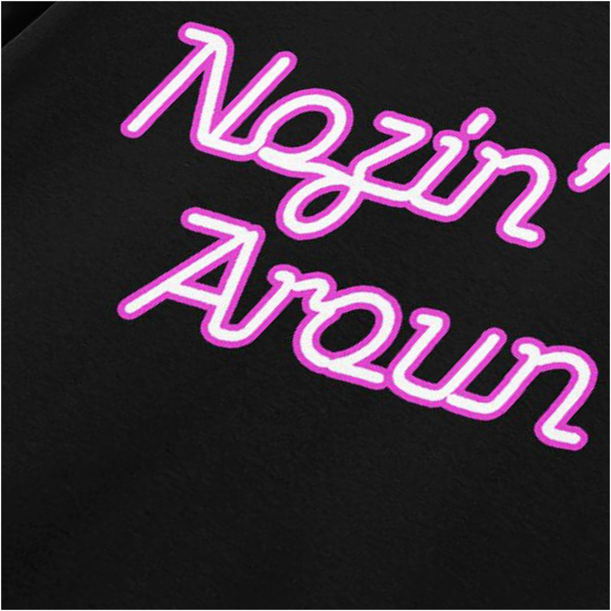 “Nosin’ Aroun’” slogan close up T-shirt in black from The Young Ones