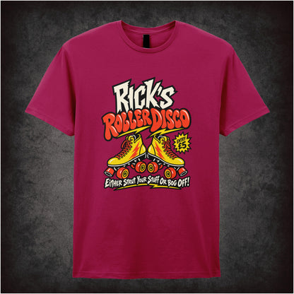 “Rick’s Roller Disco” T-shirt in cardinal red from The Young Ones