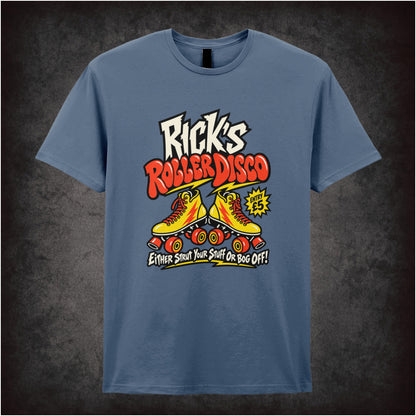 “Rick’s Roller Disco” T-shirt in indigo from The Young Ones