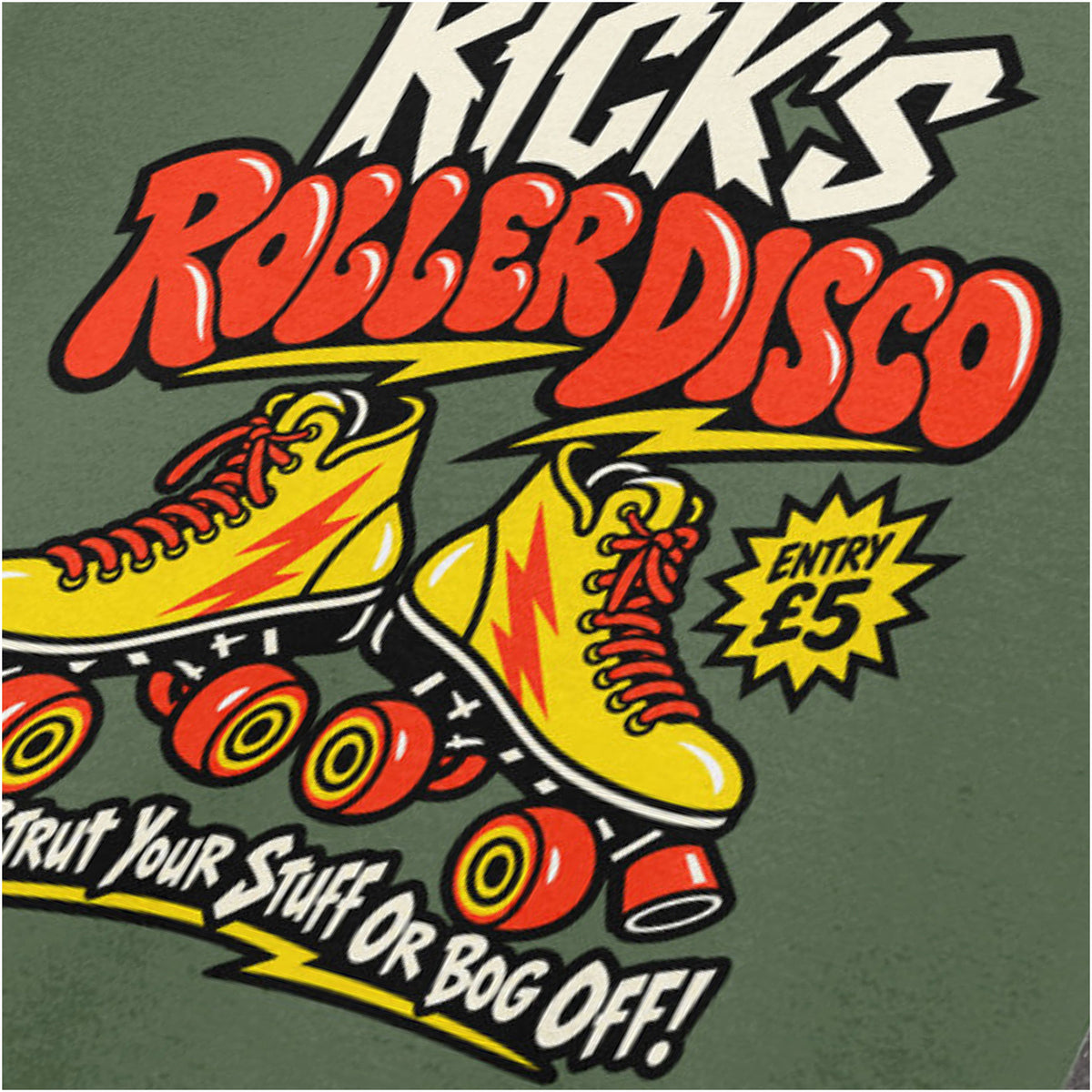 “Rick’s Roller Disco” close up T-shirt in military green from The Young Ones