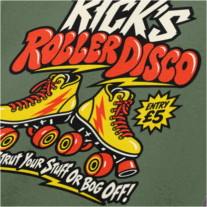 “Rick’s Roller Disco” close up T-shirt in military green from The Young Ones