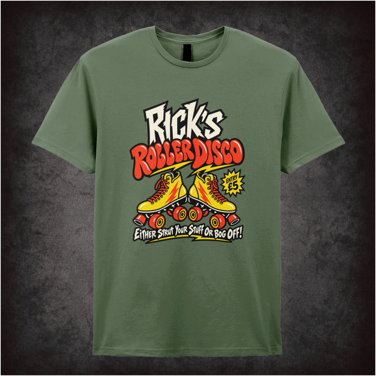 “Rick’s Roller Disco” T-shirt in military green from The Young Ones