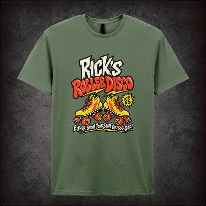 “Rick’s Roller Disco” T-shirt in military green from The Young Ones