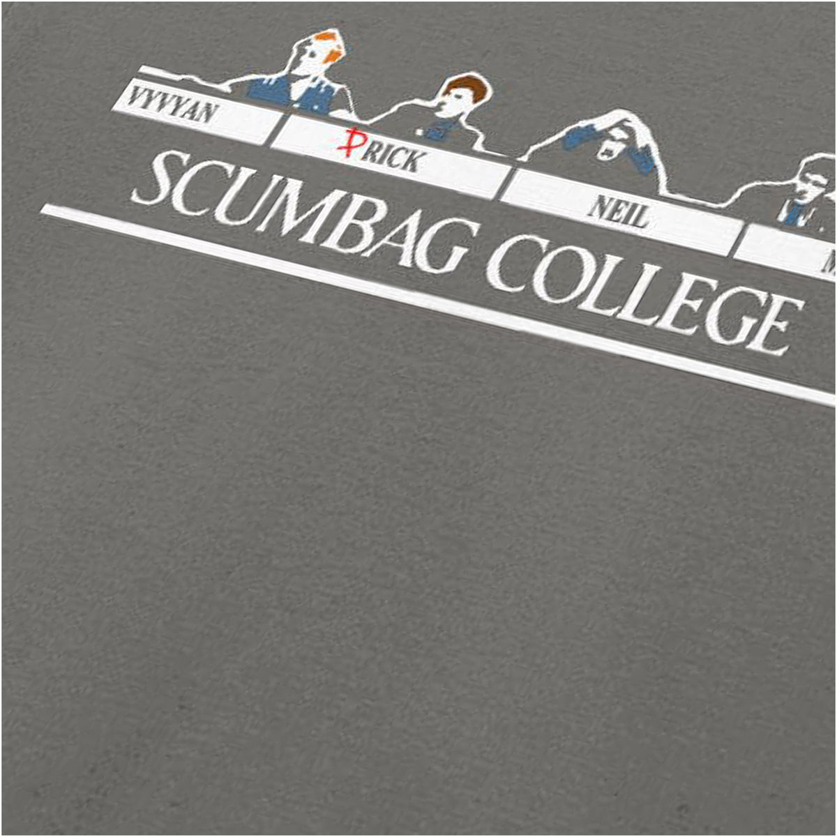 “‘Scumbag College’ close up T-shirt in charcoal from The Young Ones”