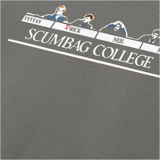 “‘Scumbag College’ close up T-shirt in charcoal from The Young Ones”