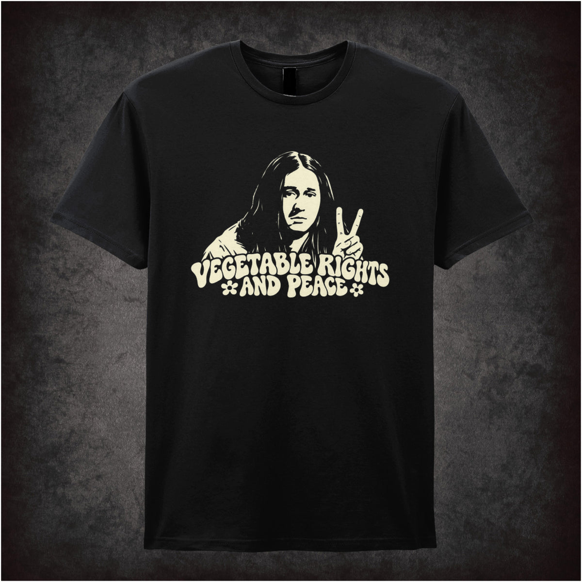 “Vegetable Rights and Peace” T-shirt in black from The Young Ones