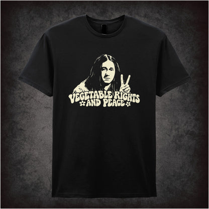 “Vegetable Rights and Peace” T-shirt in black from The Young Ones