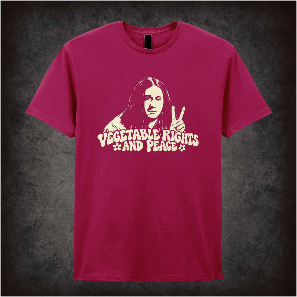 “Vegetable Rights and Peace” T-shirt in cardinal red from The Young Ones