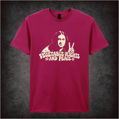 “Vegetable Rights and Peace” T-shirt in cardinal red from The Young Ones