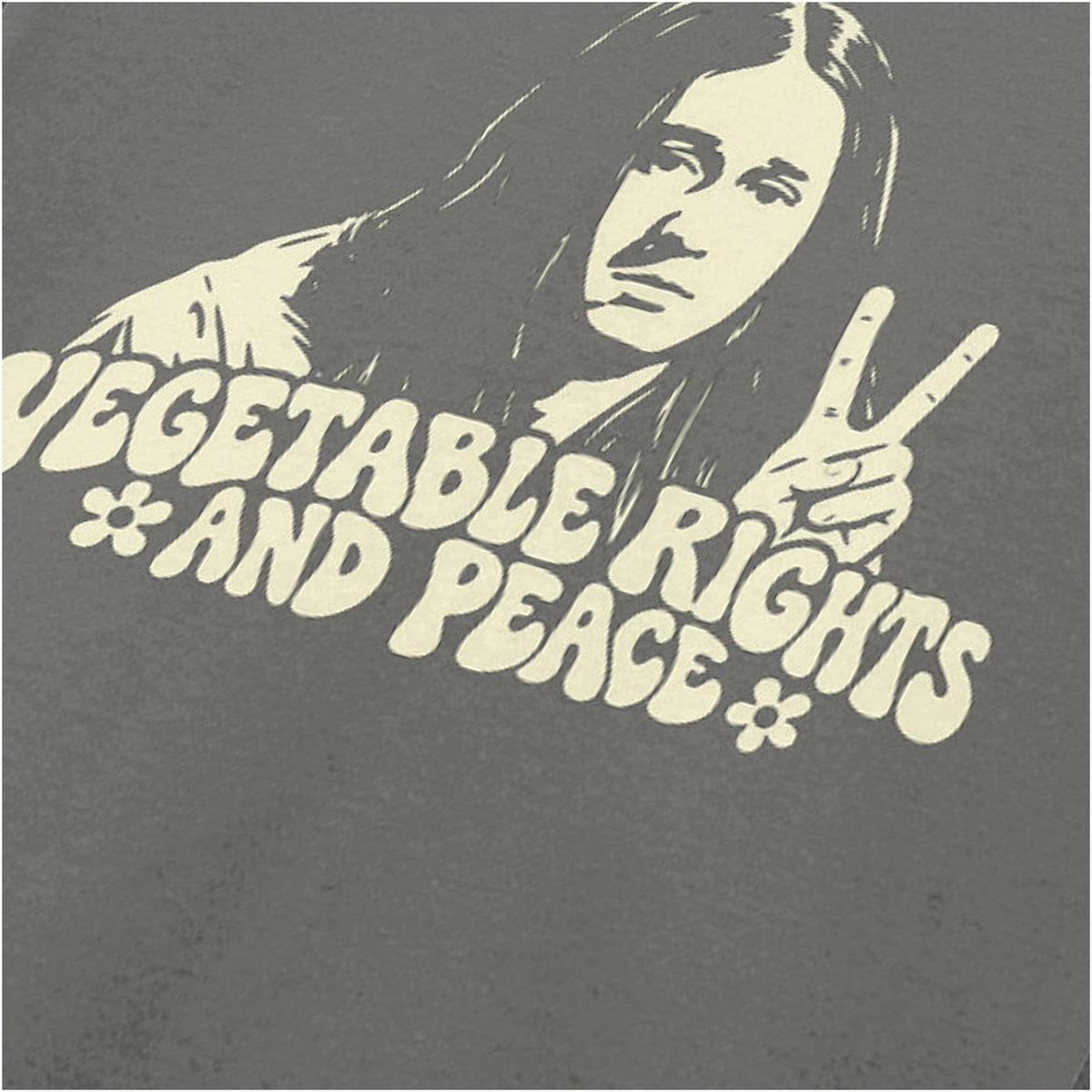 “Vegetable Rights and Peace” close up T-shirt in charcoal from The Young Ones