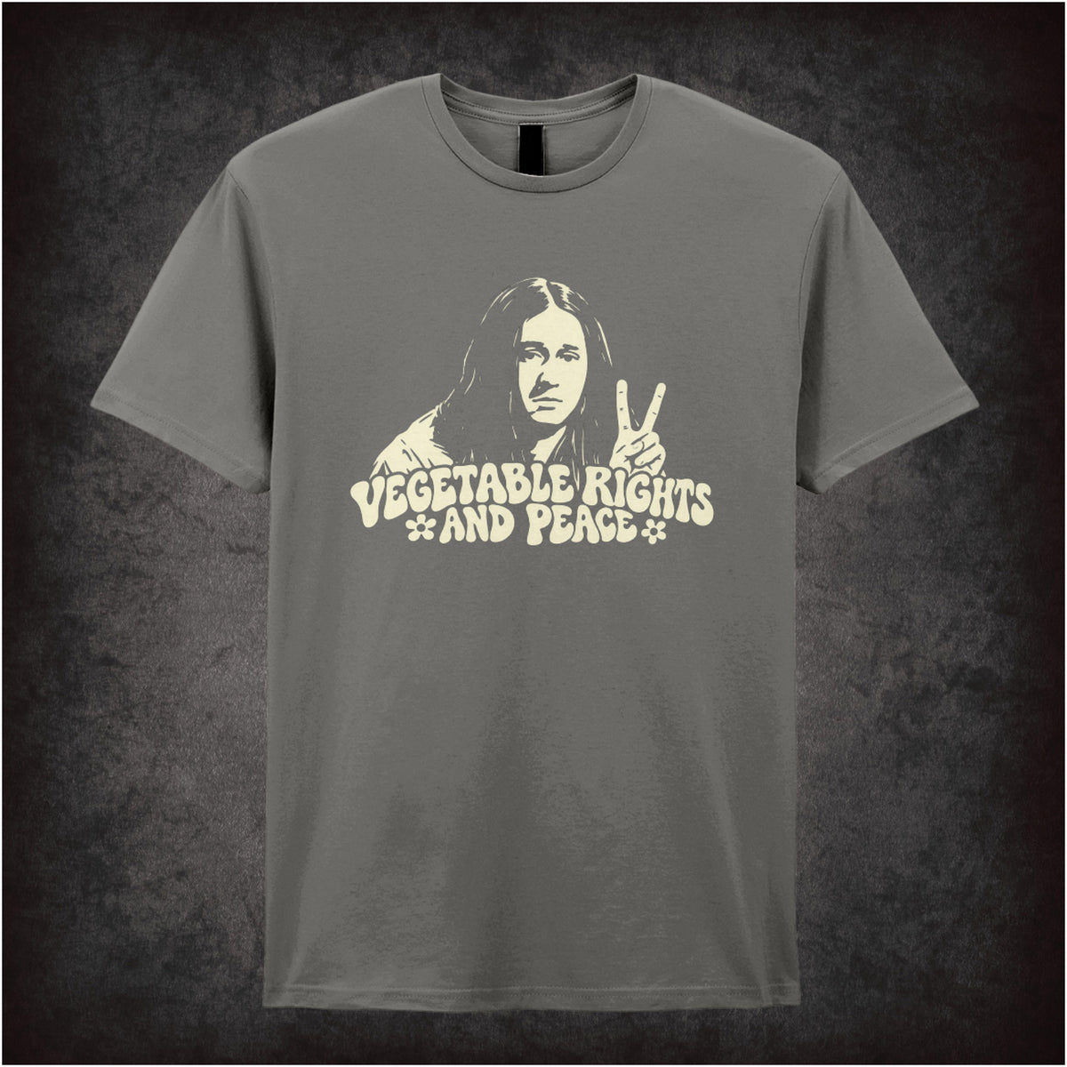 “Vegetable Rights and Peace” T-shirt in charcoal from The Young Ones