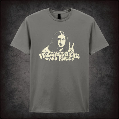 “Vegetable Rights and Peace” T-shirt in charcoal from The Young Ones