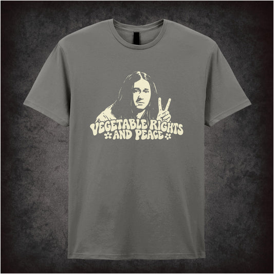 “Vegetable Rights and Peace” T-shirt in charcoal from The Young Ones