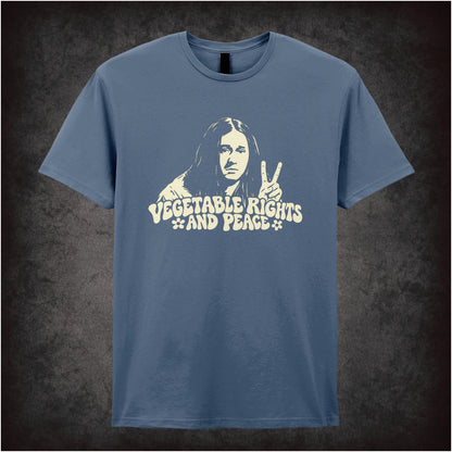 “Vegetable Rights and Peace” T-shirt in indigo from The Young Ones