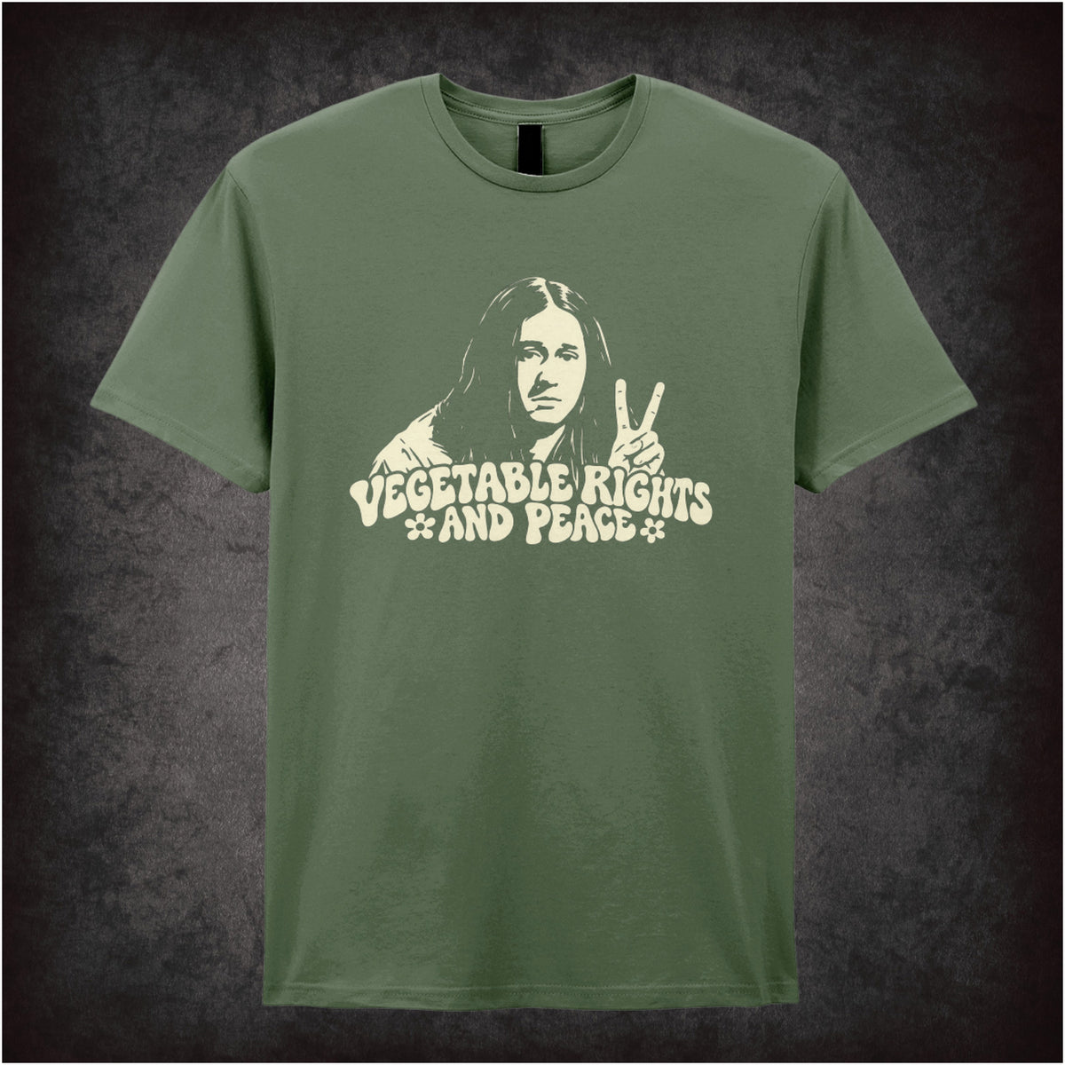 “Vegetable Rights and Peace” T-shirt in military green from The Young Ones