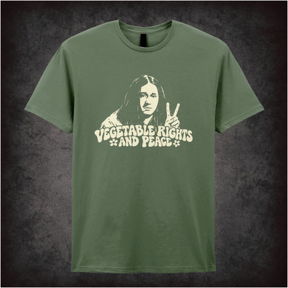 “Vegetable Rights and Peace” T-shirt in military green from The Young Ones
