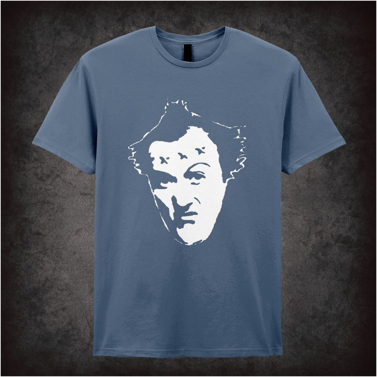 Vyvyan character face T-shirt in indigo from The Young Ones