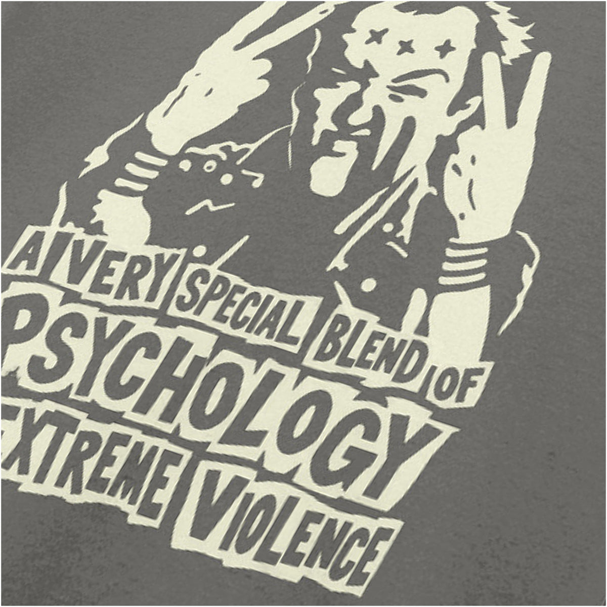 Vyvyan 'A very special blend of psychology and extreme violence' close up T-shirt in charcoal  from The Young Ones