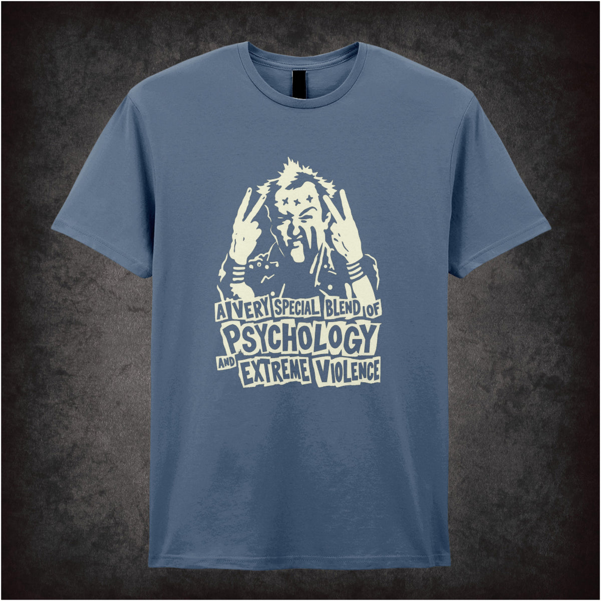 Vyvyan 'A very special blend of psychology and extreme violence' T-shirt in indigo from The Young Ones