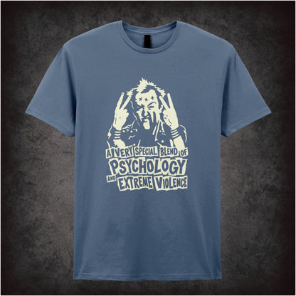 Vyvyan 'A very special blend of psychology and extreme violence' T-shirt in indigo from The Young Ones