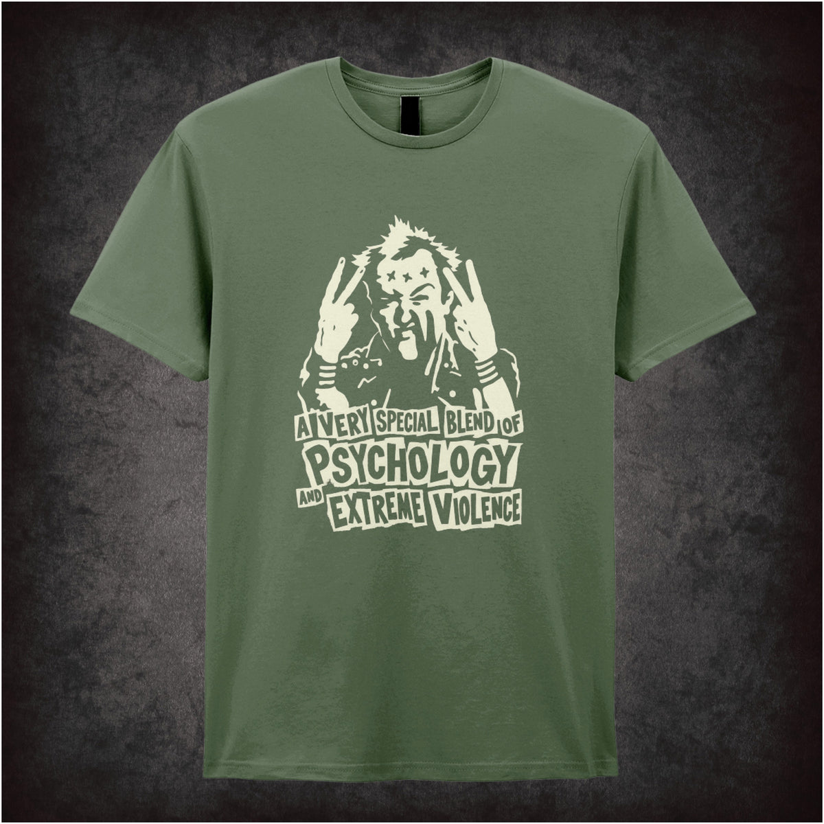 Vyvyan 'A very special blend of psychology and extreme violence' T-shirt in military green from The Young Ones