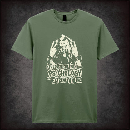 Vyvyan 'A very special blend of psychology and extreme violence' T-shirt in military green from The Young Ones