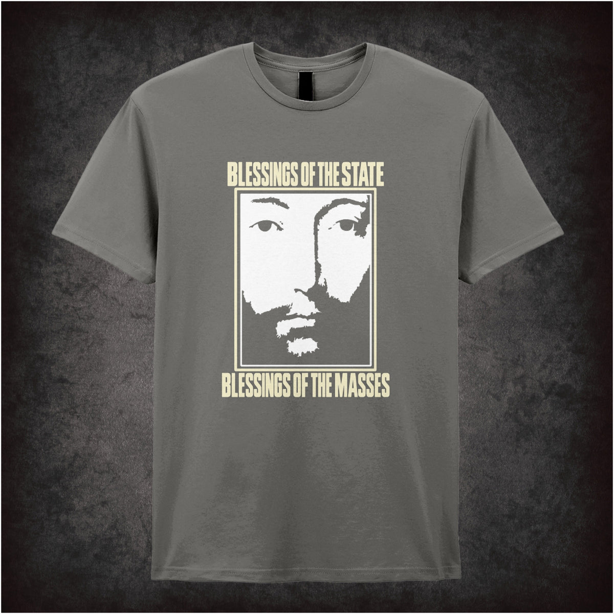 ‘Blessings of the State… blessings of the masses’ T-shirt in charcoal from THX 1138