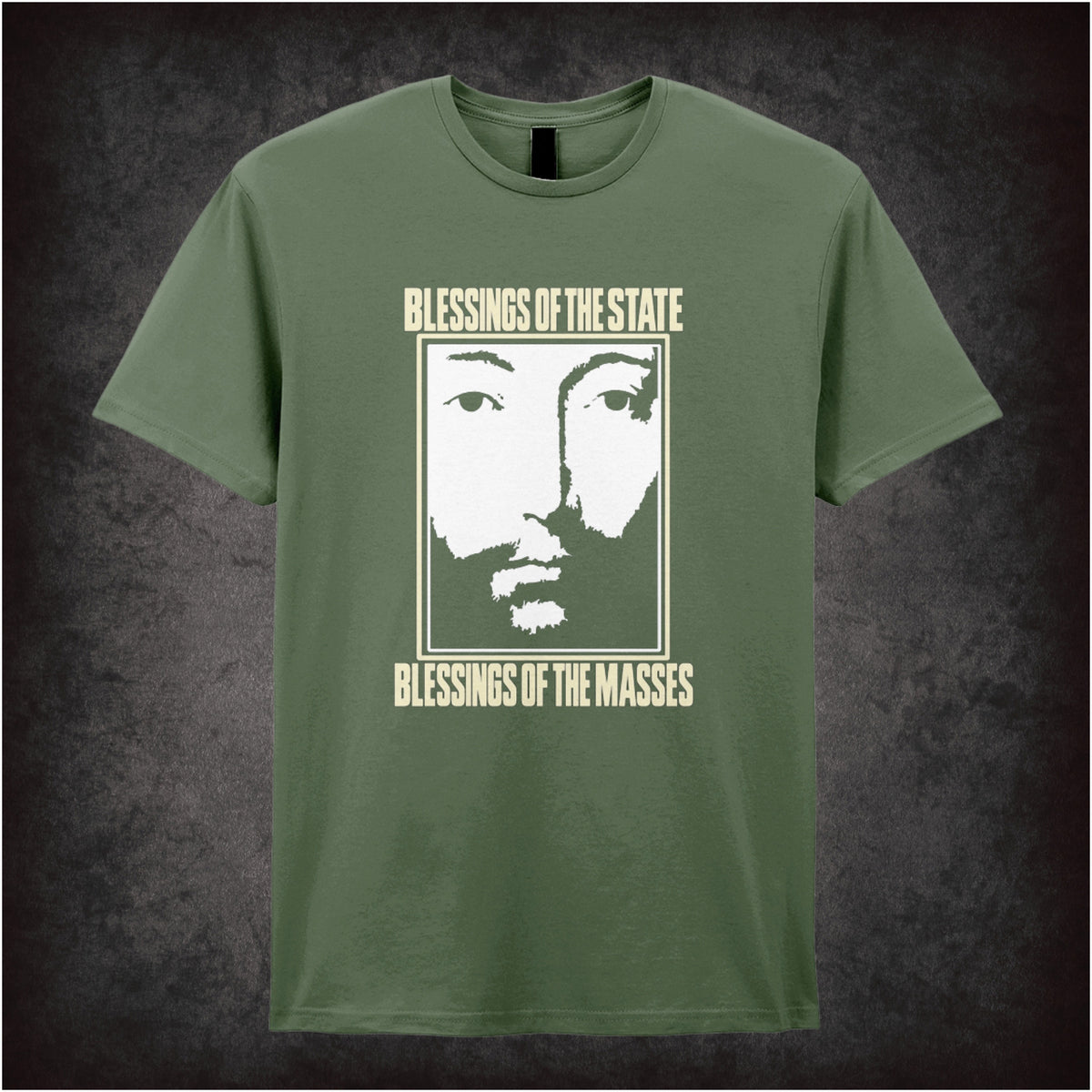 ‘Blessings of the State… blessings of the masses’ T-shirt in military green from THX 1138