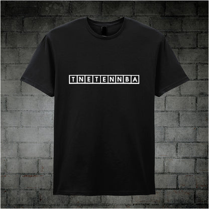 black unisex T-shirt featuring the text “TNETENNBA” inspired by The IT Crowd, displayed in bold white lettering with a tech-style font.