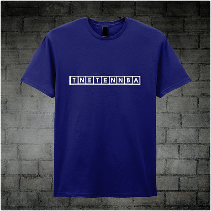 navy unisex T-shirt featuring the text “TNETENNBA” inspired by The IT Crowd, displayed in bold white lettering with a tech-style font.