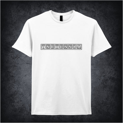 white unisex T-shirt featuring the text “TNETENNBA” inspired by The IT Crowd, displayed in bold white lettering with a tech-style font.