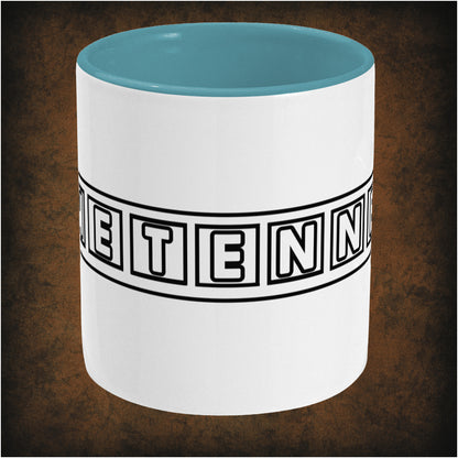 Two-tone ceramic mug featuring 'Tnetennba' design inspired by The IT Crowd, wrap-around print, center dishwasher and microwave safe geek comedy mug.