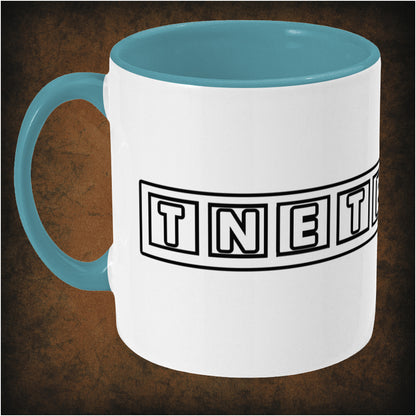 Two-tone ceramic mug featuring 'Tnetennba' design inspired by The IT Crowd, wrap-around print, left hand side dishwasher and microwave safe geek comedy mug.