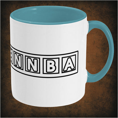 Two-tone ceramic mug featuring 'Tnetennba' design inspired by The IT Crowd, wrap-around print, right hand side dishwasher and microwave safe geek comedy mug.