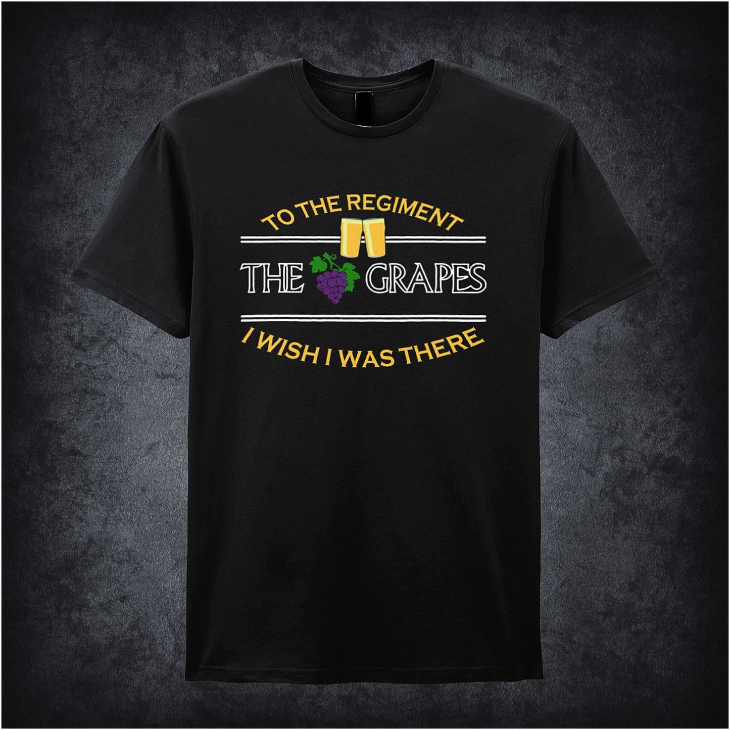 black unisex T-shirt featuring the phrase “To The Regiment, I Wish I Was There” inspired by Early Doors, displayed in classic, bold white typography.