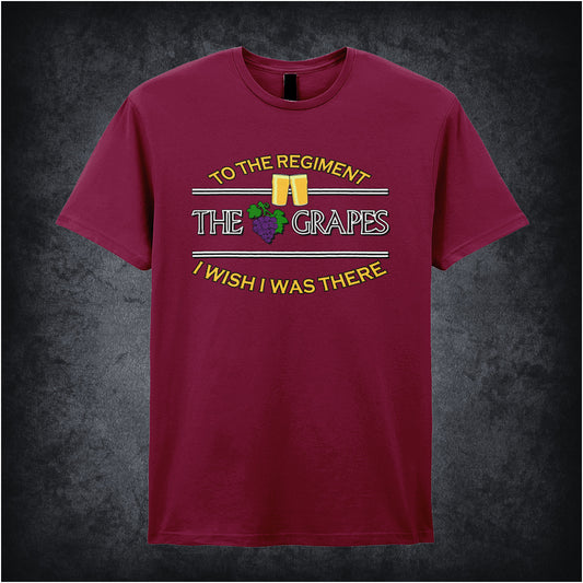 cardinal red unisex T-shirt featuring the phrase “To The Regiment, I Wish I Was There” inspired by Early Doors, displayed in classic, bold white typography.