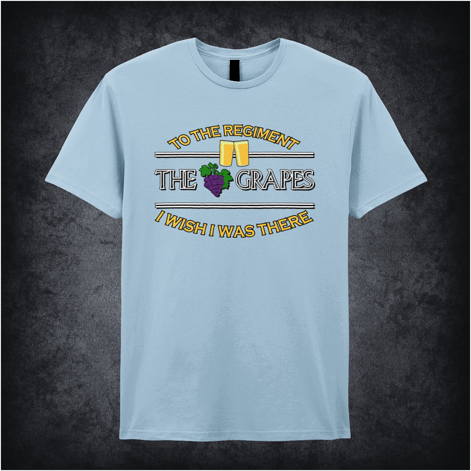 light blue unisex T-shirt featuring the phrase “To The Regiment, I Wish I Was There” inspired by Early Doors, displayed in classic, bold white typography.