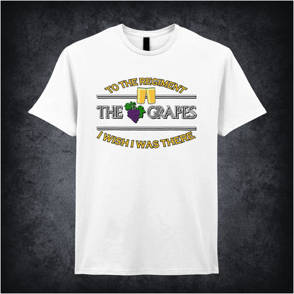 white unisex T-shirt featuring the phrase “To The Regiment, I Wish I Was There” inspired by Early Doors, displayed in classic, bold white typography.