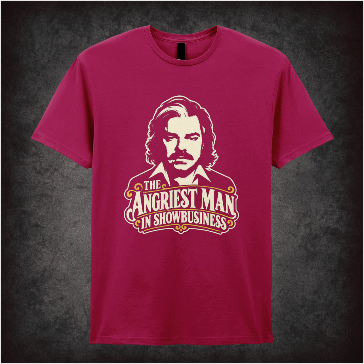 “The Angriest Man in Showbusiness” T-shirt in cardinal red from Toast of London