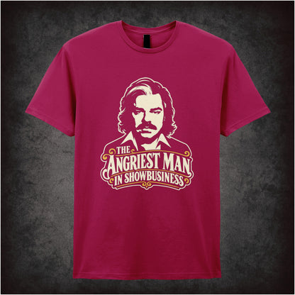 “The Angriest Man in Showbusiness” T-shirt in cardinal red from Toast of London